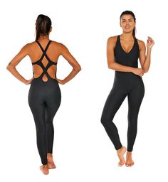 two women in black bodysuits and one is showing her back