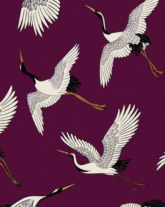 a group of white birds flying through the air on a purple background with black and red accents