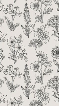 a black and white floral pattern with flowers on the bottom right hand corner is an illustration of wildflowers