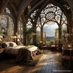 a bedroom with an arched window and wooden flooring is shown in this artistic photo