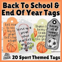 back to school and end of year tags with sports themed tags on the front, orange background