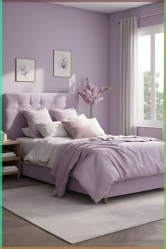 a bedroom with purple walls and white bedding