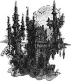 a drawing of an old castle with spooky towers