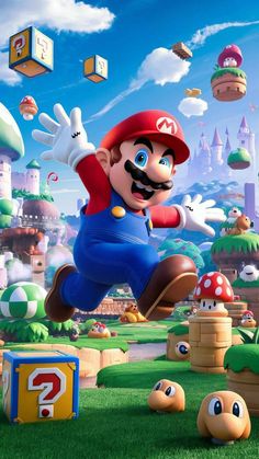 mario running through the air in front of an image of some buildings and other objects