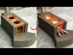 an outdoor fire pit made out of cement and wood with flames coming out of it