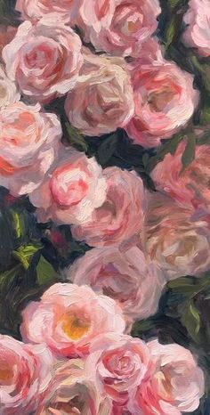 an oil painting of pink roses in a vase