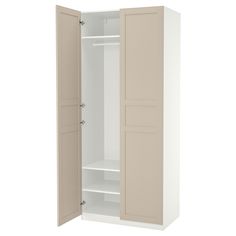 an open closet with two doors and shelves on the bottom, one door is closed