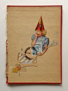 an altered photograph of a woman wearing a party hat on top of a piece of paper