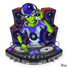 an alien dj with headphones on top of a turntable in front of some speakers