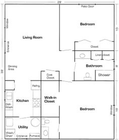 the floor plan for a two bedroom apartment with an attached bathroom and living room area