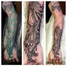 three different views of the foot and arm with tattoos on each side, one showing an intricate