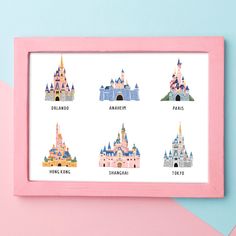 a pink frame with disney castle pictures hanging on it's side next to a blue and pink wall