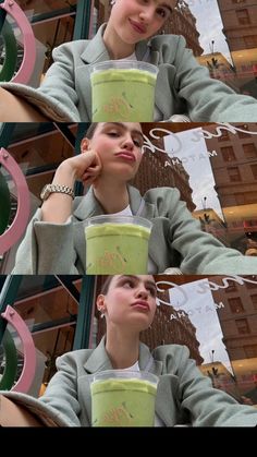 a collage of photos showing a woman holding a cup with her face in the air