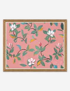 a painting with flowers and leaves on a pink background, framed in wooden frame over a white wall