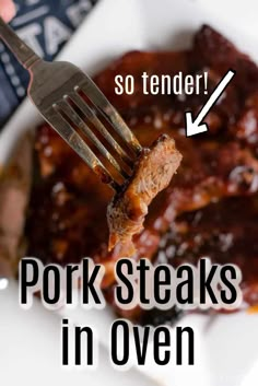 A piece of bbq pork steak on a fork Pork Steaks In Oven, Pork Steaks In The Oven, Steaks In Oven, Bbq Pork Steak, Pork Steak Oven, Cooking Pork Steaks, Steaks In The Oven, Pork Steak Recipes, Pork Shoulder Steak Recipes