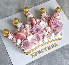 a decorated cake with pink and white frosting on a card that says happy birthday