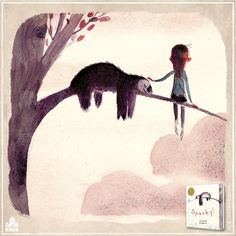 an illustration of a girl on a tree branch with a slotty bear hanging from it's back