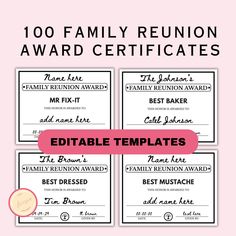 Create a memorable celebration with our editable family reunion award certificate. Customize the  design to honor your loved ones. Bring joy and laughter to your family reunion with this unique award. Includes : 1. 100 pre-filled awards templates (Edit with Canva) - Add a name, date, and given by  2. Template to add your own awards (Edit with Canva) - Add your award, a name, date, and given by  File size 11x8.5 (US Letter) NOTE: - Please see the listing photo for editable parts - PDF instruction Family Gathering Ideas, Family Reunion Awards, Award Template, Templates Edit, Reunion Games, Family Reunion Games, Gathering Ideas, Award Certificates, Canva App