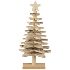 a wooden christmas tree made out of wood planks with stars on the top and bottom