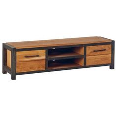 a wooden entertainment center with two drawers