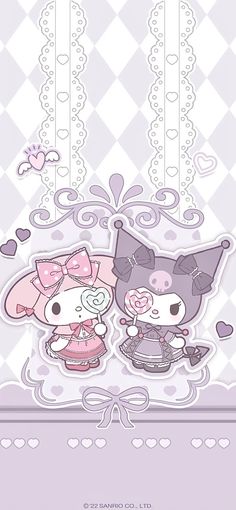 two hello kitty wallpapers with hearts and bows on the back, one is pink