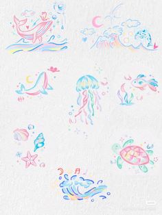 some watercolor drawings on a white paper with blue, pink and green inks