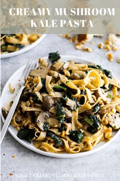 creamy mushroom kale pasta on a white plate with a fork next to it and text overlay