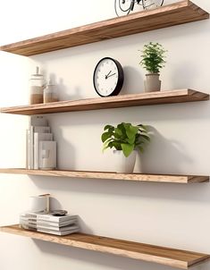 three wooden shelves with plants and clocks on them