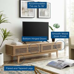 a living room with furniture and accessories labeled in blue text that reads, how to use the tv stand