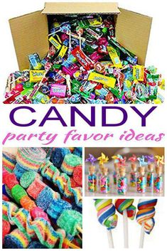 the candy party favors are in a box and there is an assortment of candies