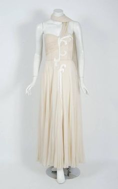 1940's Saks Fifth Avenue Ivory-Creme Beaded Chiffon One-Shoulder Goddess Gown Historical Costuming, Goddess Gown, Criss Cross Dress, Pandora's Box, Sheer Gown, Vintage Dresses 50s, Black Silk Dress, Floral Cocktail Dress, Jersey Knit Dress