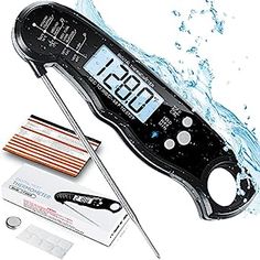 a digital thermometer is shown with water surrounding it