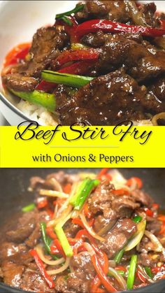 beef stir fry with onions and peppers in a skillet on the side is an image of