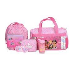 a pink bag with princesses on it and other items in the back ground, including an insulated lunch box