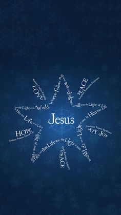 the word jesus written in different languages on a blue background with white snowflakes