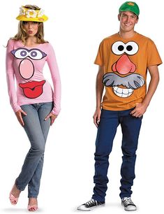 two people dressed up as the muppet and miss piggy, one wearing an orange shirt