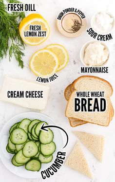 the ingredients to make this sandwich include cucumbers, lemons, mayonnaise, cream cheese and bread