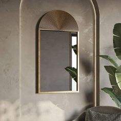 a mirror on the wall next to a plant