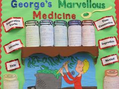 there is a bulletin board with many things on it that include jars and yarns, which are labeled george's marvelous medicine