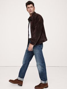 These sturdy straight-leg jeans are cut from artisanal selvedge denim in a 14oz.  weight, beloved for its rugged appeal and rich, dimensional washes that only improve with every wear.  Non-Stretch Straight Fit: Mid-rise.  Slim through the thigh, straight leg.  17" leg opening.  Denim from Italy's Candiani mill.  Button fly.  Belt loops.  Five-pocket styling.  *Inseam is 34" cuffed, 36" uncuffed.  *This style runs large.  Consider sizing down.  Straight Fit: Mid-rise.  Slim through the thigh.  St Rugged Straight Leg Brown Jeans, Classic Brown Jeans For Fall, Rugged Jeans With Five Pockets For Fall, Classic Brown Jeans, Dark Wash Selvedge Jeans For Fall, Relaxed Fit Selvedge Jeans For Fall, Classic Brown Denim Jeans, Casual Brown Leather Jeans, Selvedge Jeans With Straight Hem For Fall