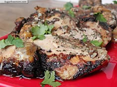 a red plate topped with meat covered in sauce and garnished with cilantro