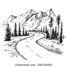 an ink drawing of a mountain road with trees and mountains in the background - stock photo