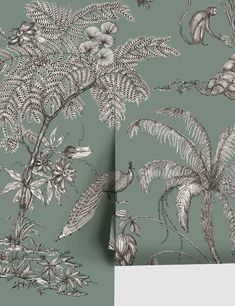 a wallpaper with tropical plants and birds on it, along with a green background