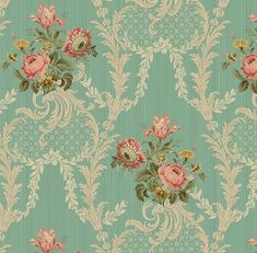 a blue wallpaper with pink and green flowers on the top, in an ornate pattern