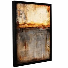 an abstract painting on canvas with rust and white paint, including the word's name