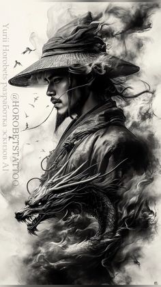 a black and white photo of a man wearing a hat with a dragon on it