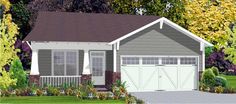 this is an artist's rendering of a small house with two garages on the front