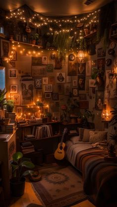 a room filled with lots of lights and pictures on the wall