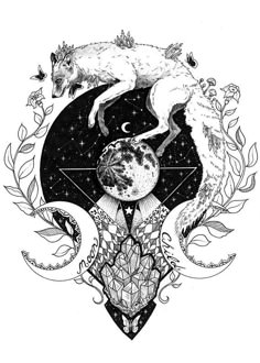 two foxes sitting on top of each other in the middle of a circle with stars and moon