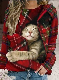 Women's Christmas Cat Crew Neck Plaid Sweatshirt | lilicloth Red Jumper, Estilo Chic, Crochet Instructions, Trend Fashion, Women Hoodies Sweatshirts, Sierra Leone, Cat Print, Christmas Women, Christmas Cats